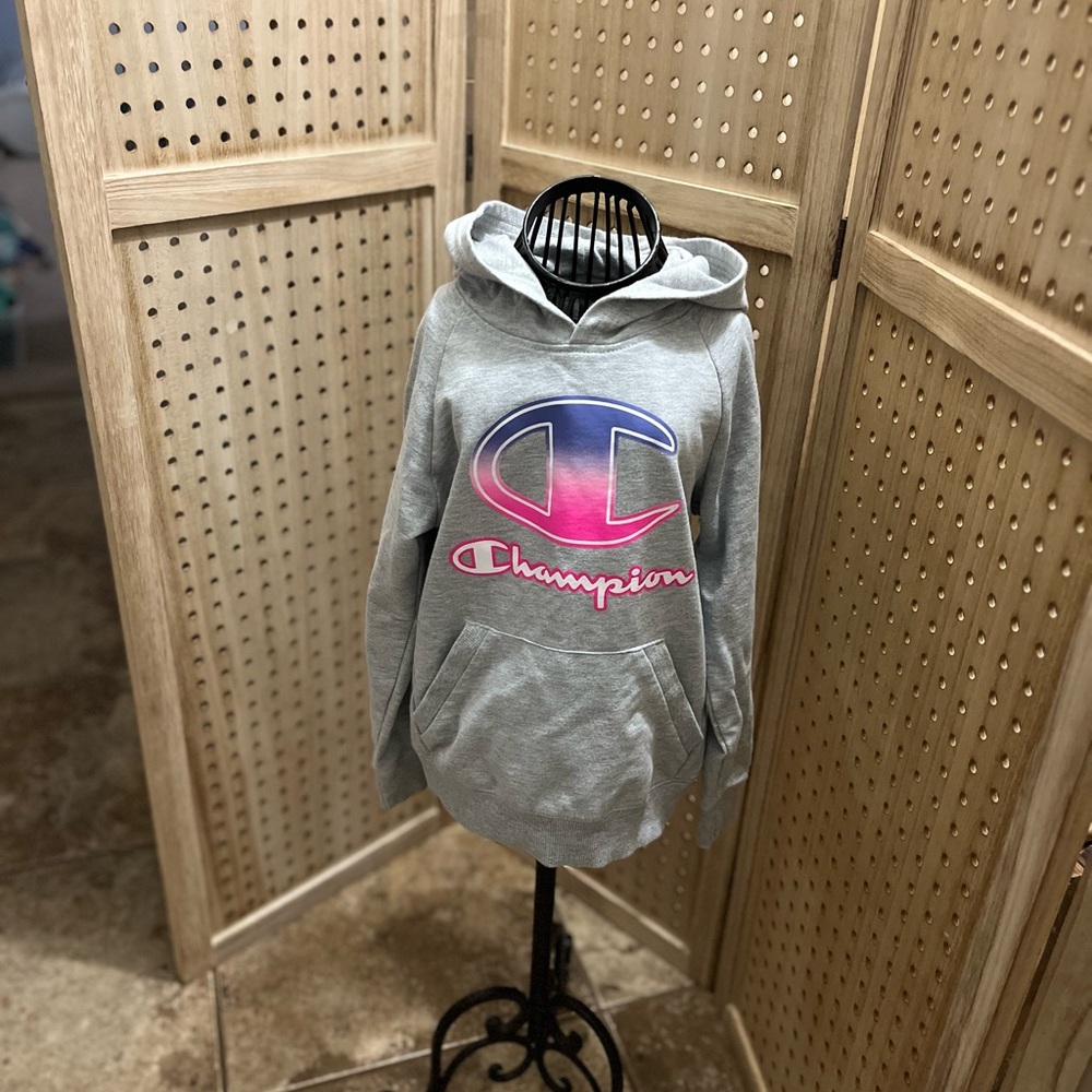 Champion gray girls hooded sweatshirt in excellent condition. Logo on front.